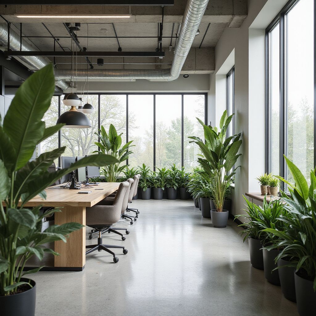 Modern office space with large windows, indoor plants, and workstations.