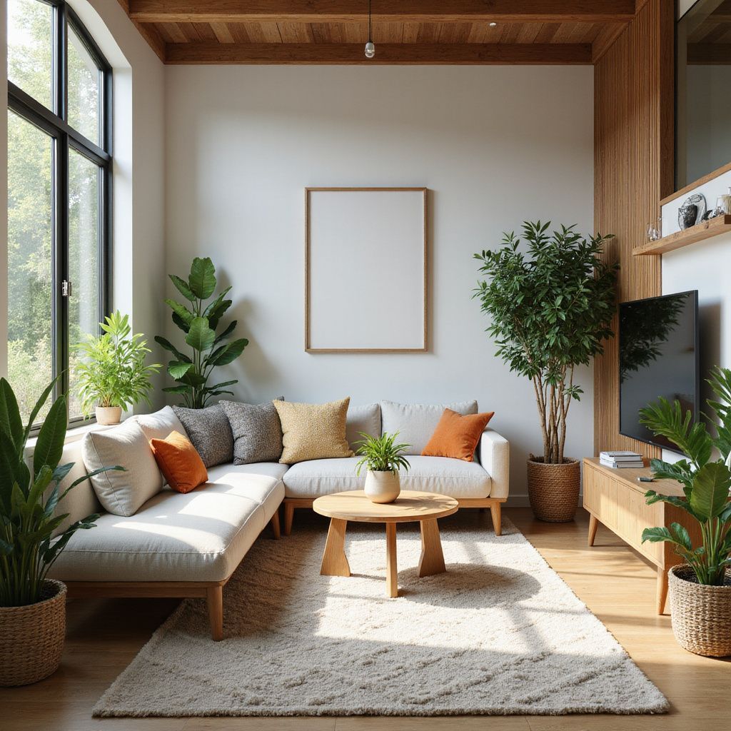 Cozy living room with a white couch, plants, a rug, and a wooden coffee table.