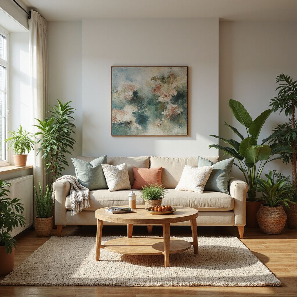 Living room with beige sofa, wooden table, large plants, and abstract painting.