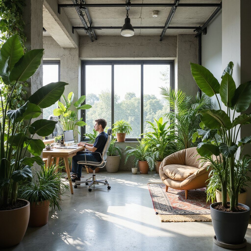 Man working at a desk surrounded by indoor plants in a well-lit office space.
