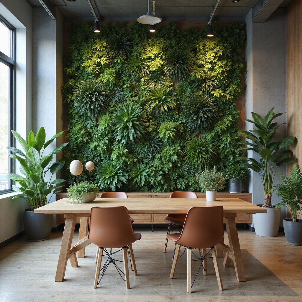 Dining area with wooden table and chairs, living wall, and potted plants.