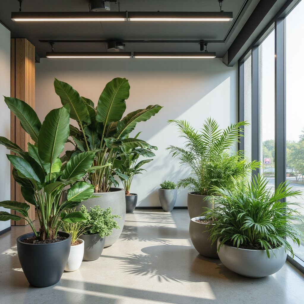 Large potted plants in a well-lit office hallway with floor-to-ceiling windows.