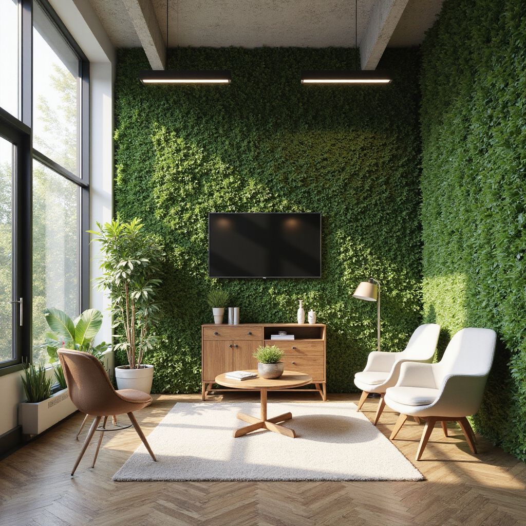 Living room with a green wall, TV, wooden furniture, two white chairs, and a window.