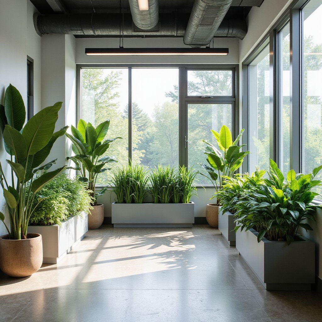 Indoor hallway with large windows, numerous potted plants, and natural light.
