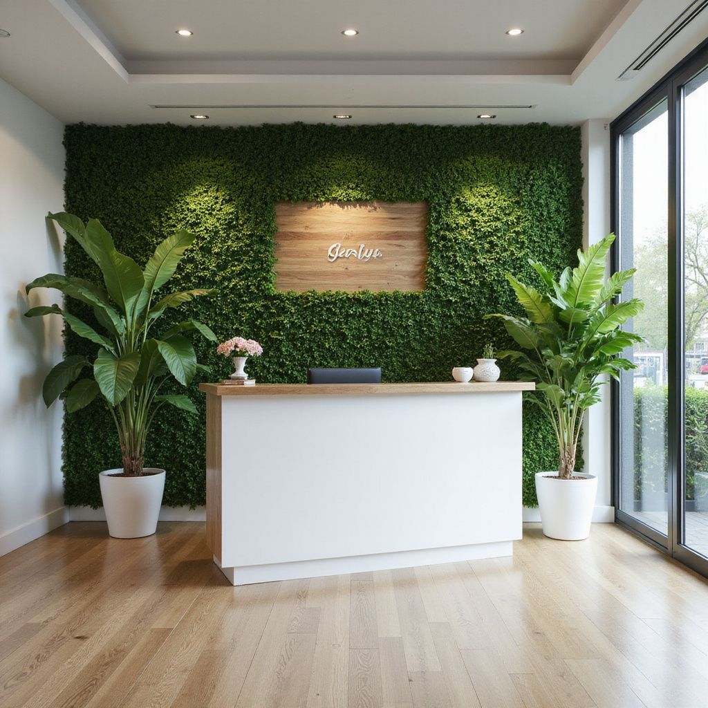 Reception area with white desk, green wall, plants, and wooden floor.