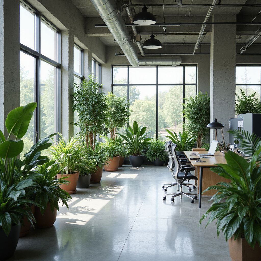 Office space with plants and large windows, desk with chairs, and concrete floor.