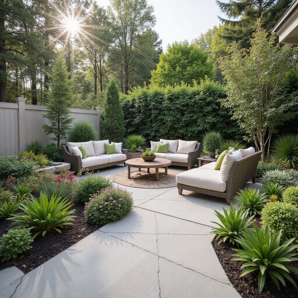 Outdoor patio with beige sofas, round table, and lush greenery, surrounded by a garden with the sun shining.