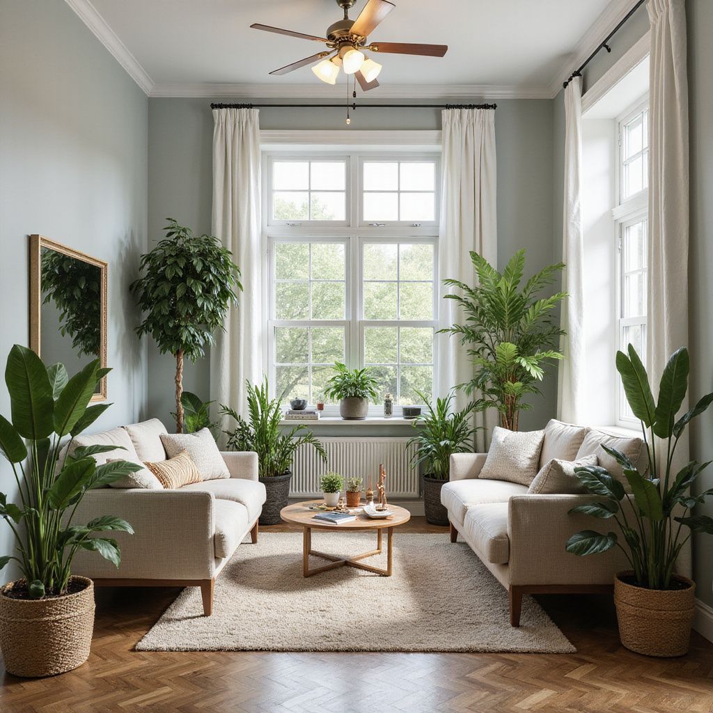Living room with two cream sofas, plants, a rug, and large windows.