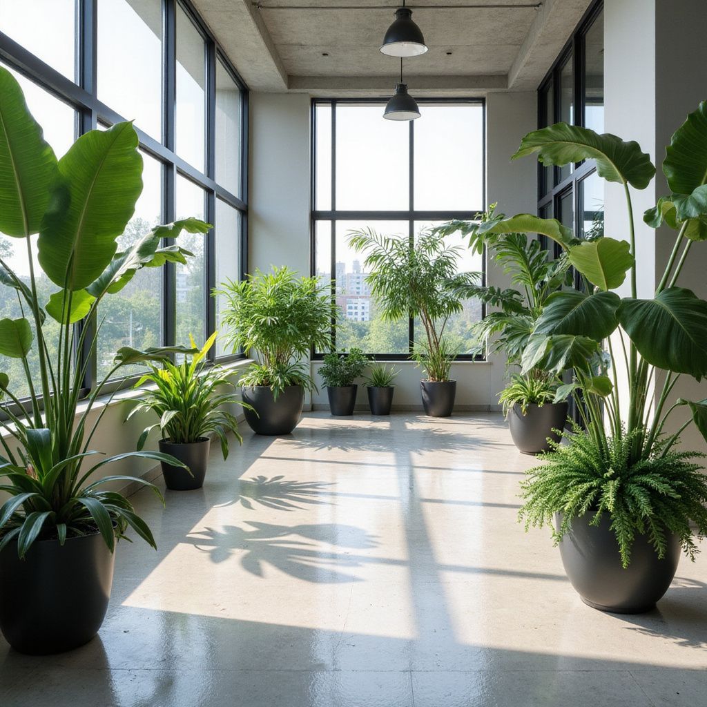 Sunlit hallway with large potted plants. Concrete floor, tall windows, and industrial-style lighting.