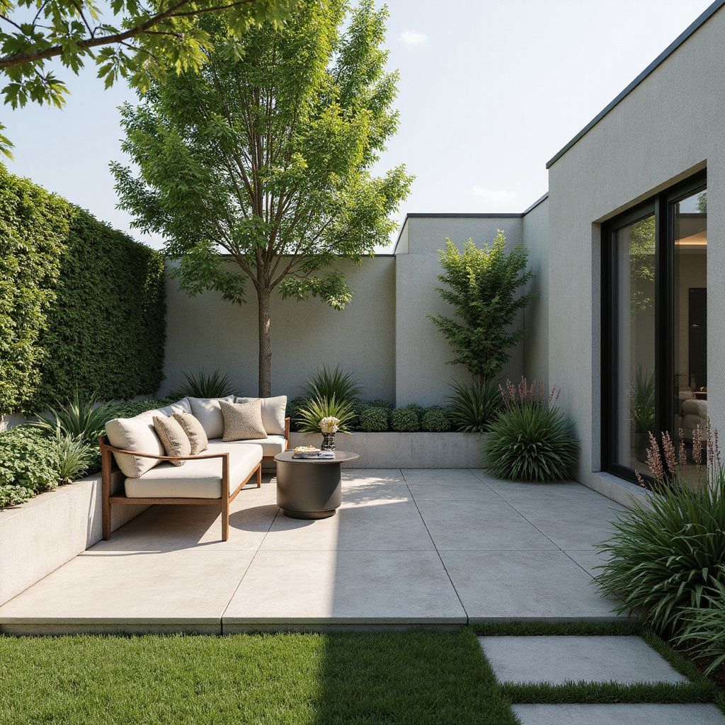 A modern outdoor patio with a seating area, green grass, and lush landscaping.