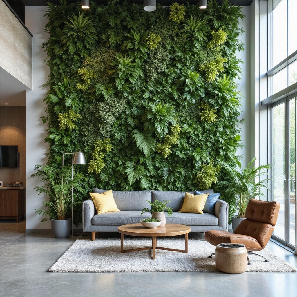 Living room with gray sofa, green wall of plants, and leather chair.
