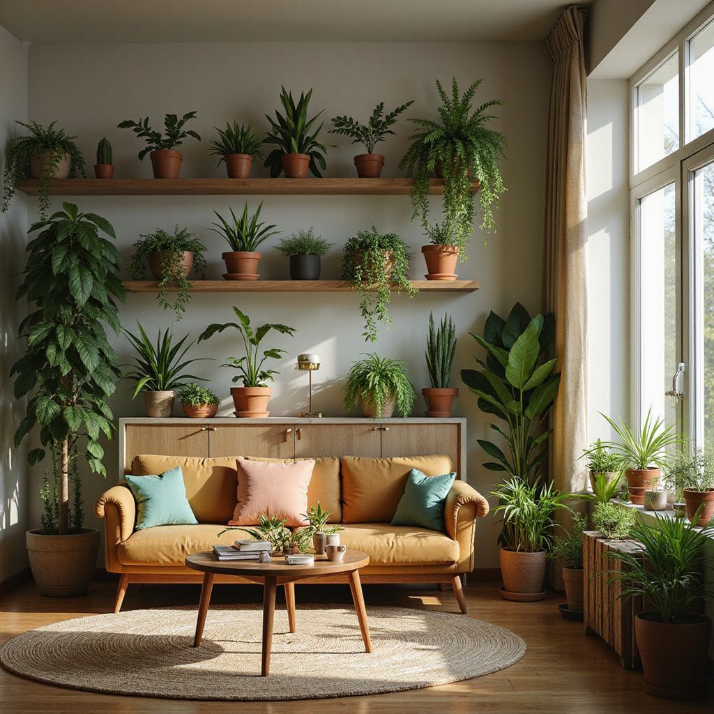 Cozy living room with a yellow sofa, plants, and sunlight streaming through a window.