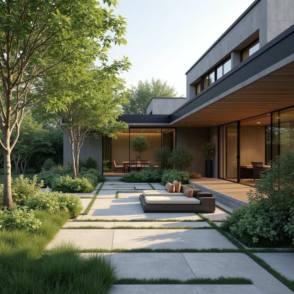 Modern home exterior with concrete patio, landscaping, and outdoor seating.