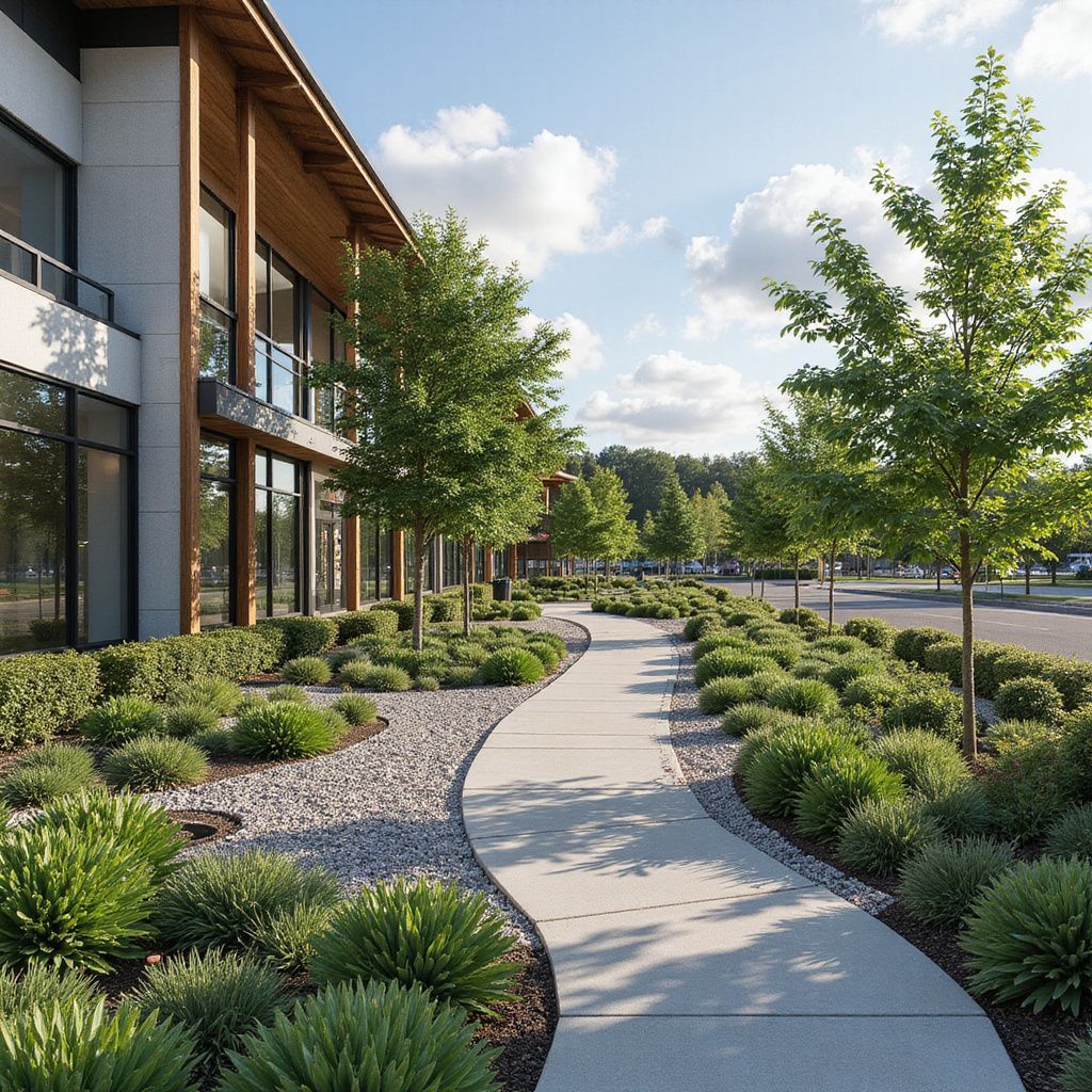A curved concrete sidewalk through landscaped bushes and trees, beside a modern building with large windows.