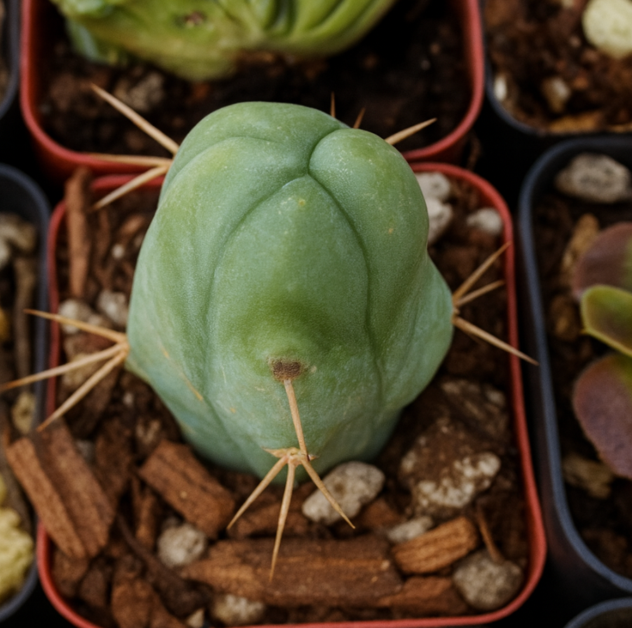 Green cactus in a small square pot, surrounded by other plants. It has long, sharp spines.
