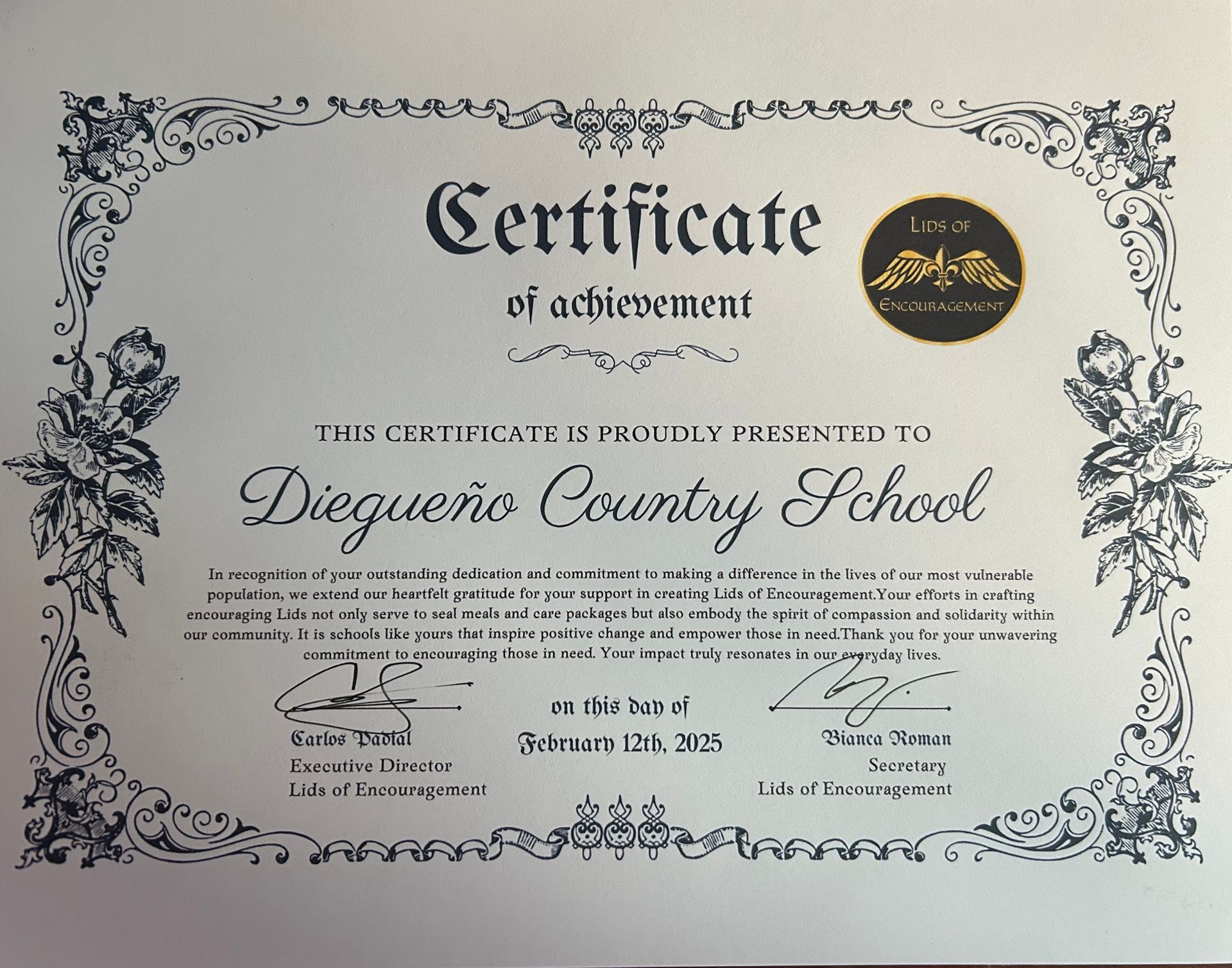 Digueno Country School Certificate of Appreciation
