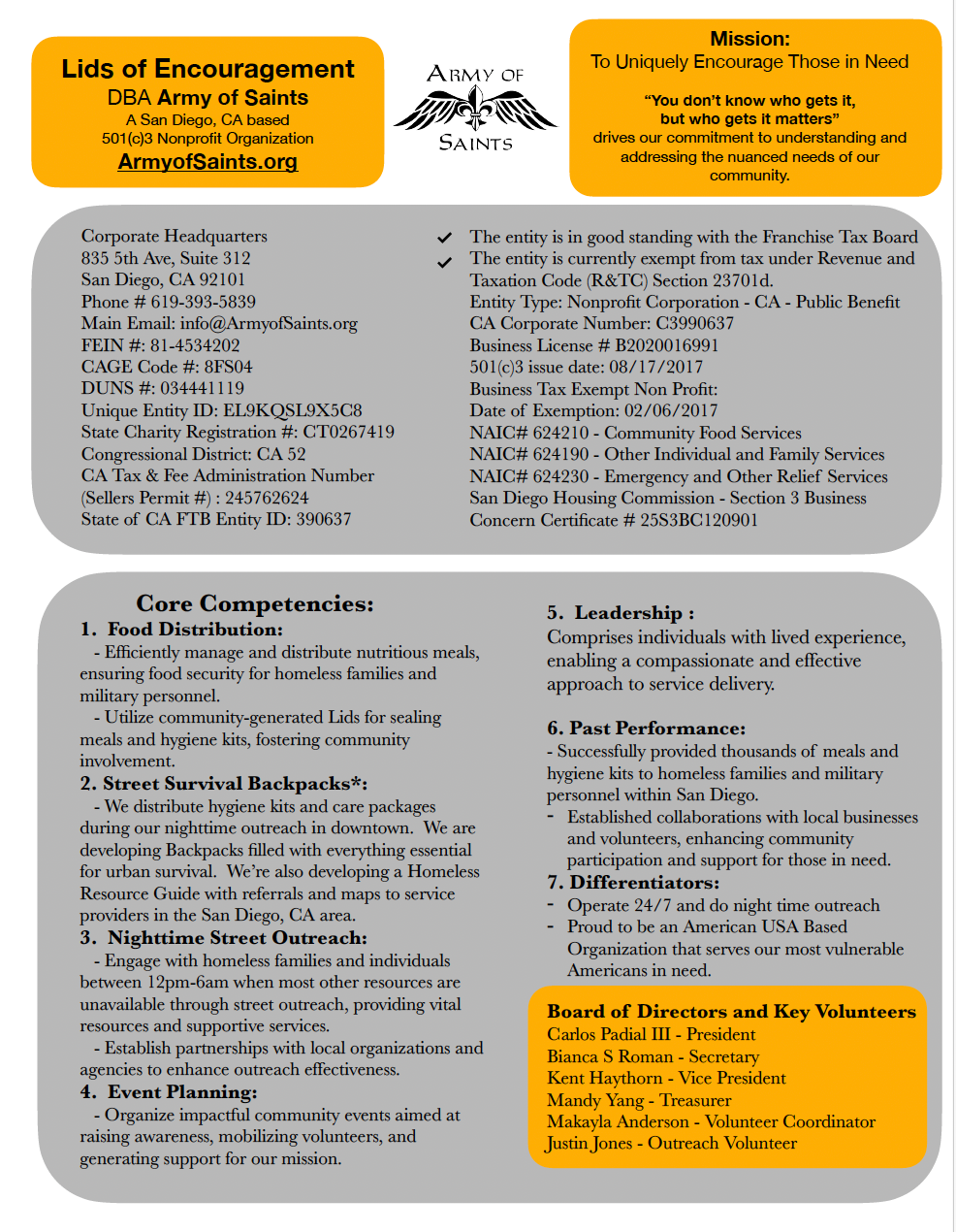 Army of Saints Capabilities Statement