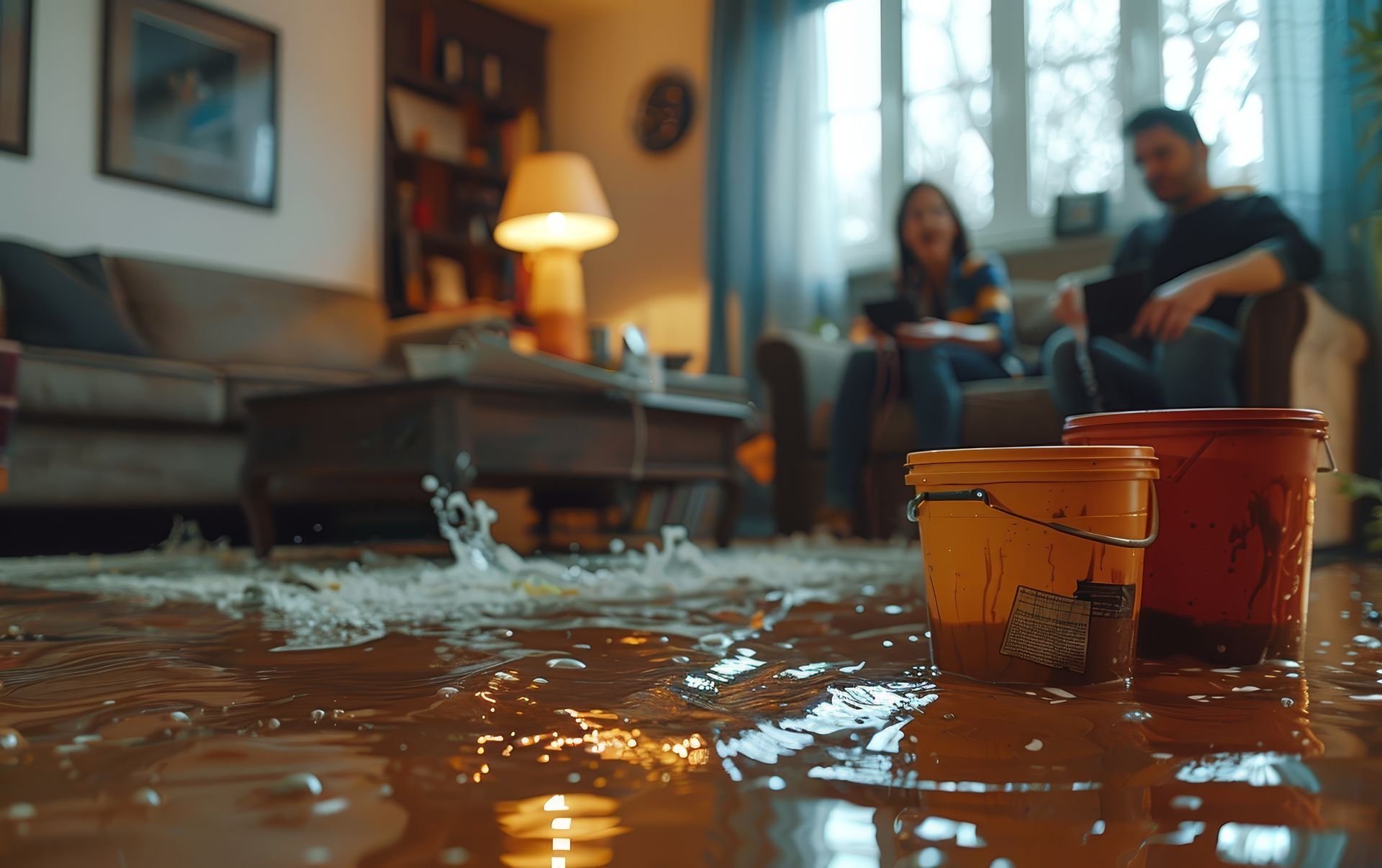 Buckets catching water from water leak in the ceiling