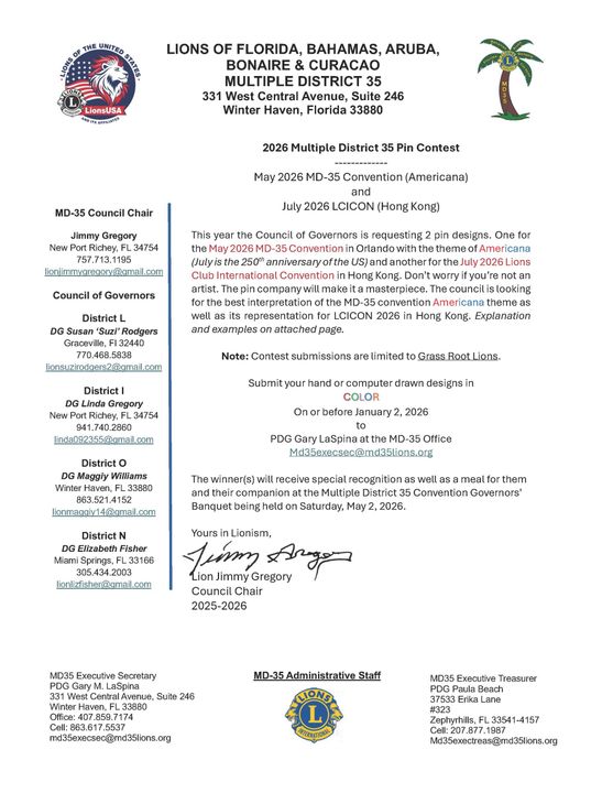 Letterhead from Lions Clubs of Florida, concerning the Multiple District 35, with a palm tree graphic.