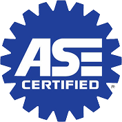 The logo for ase certified is a blue gear. | J & J Automotive