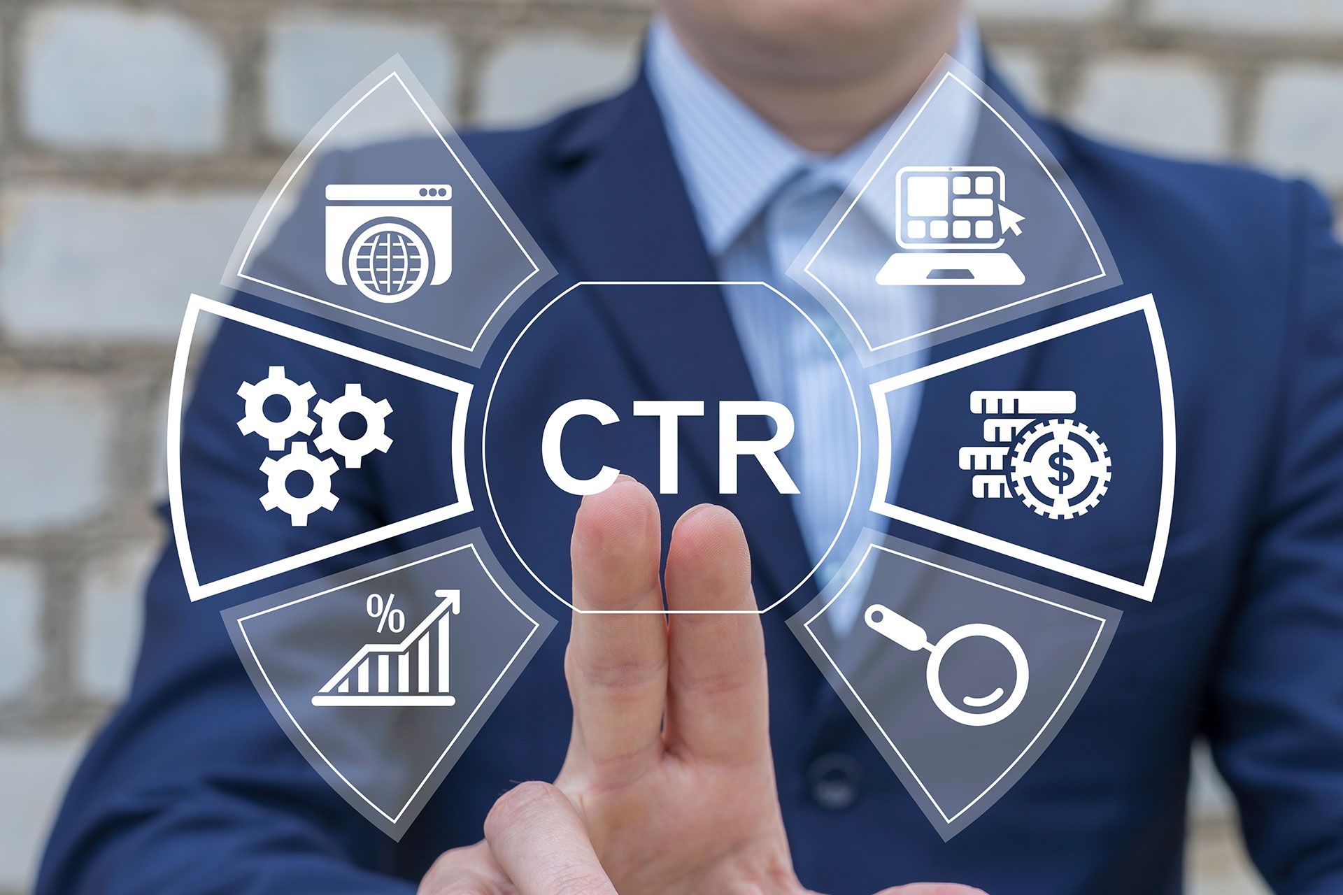 Business person using virtual touch screen push abbreviation: CTR. CTR Click Through Rate Analysis. Media planning for effective ads strategy neubrutalism concept