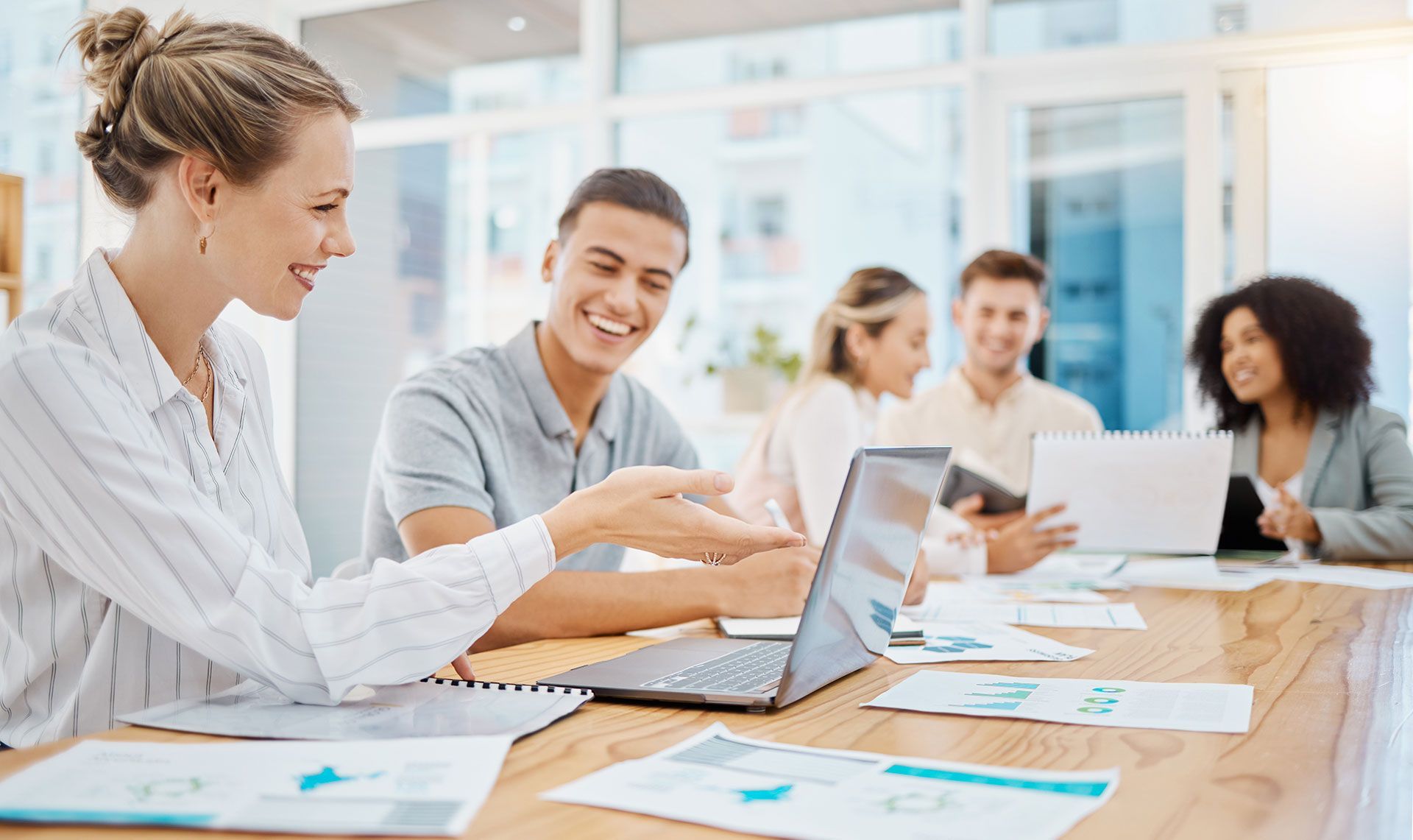 Teamwork, innovation and planning of team on laptop working on data, survey or marketing research. Collaboration, strategy and business workers brainstorming ideas, research analytics or seo growth.