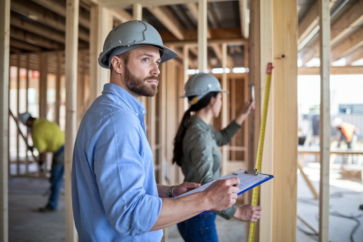 A man and a woman are measuring a wall at a construction site.