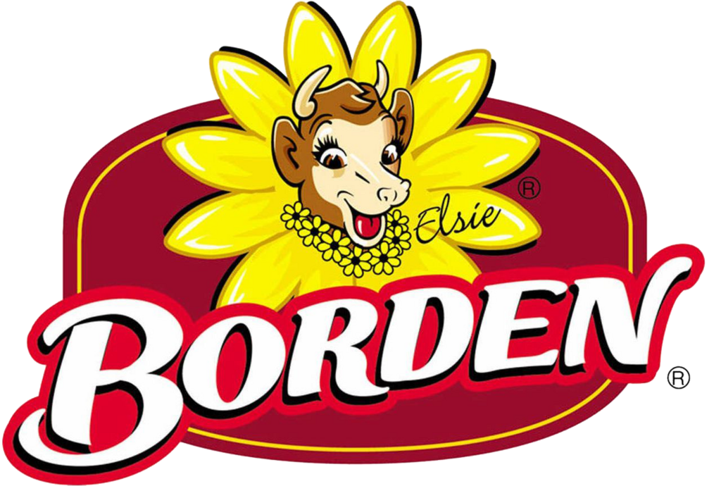 Borden logo with Elsie the cow smiling in front of a sunflower on a maroon oval.