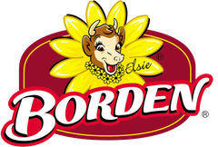 Borden logo with Elsie the cow smiling in front of a sunflower on a maroon oval.
