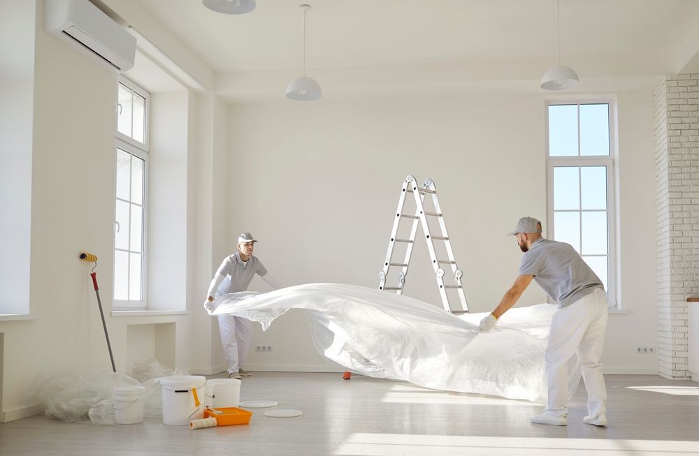 Two workers drape a white sheet over furniture in a bright room with a ladder and painting supplies.