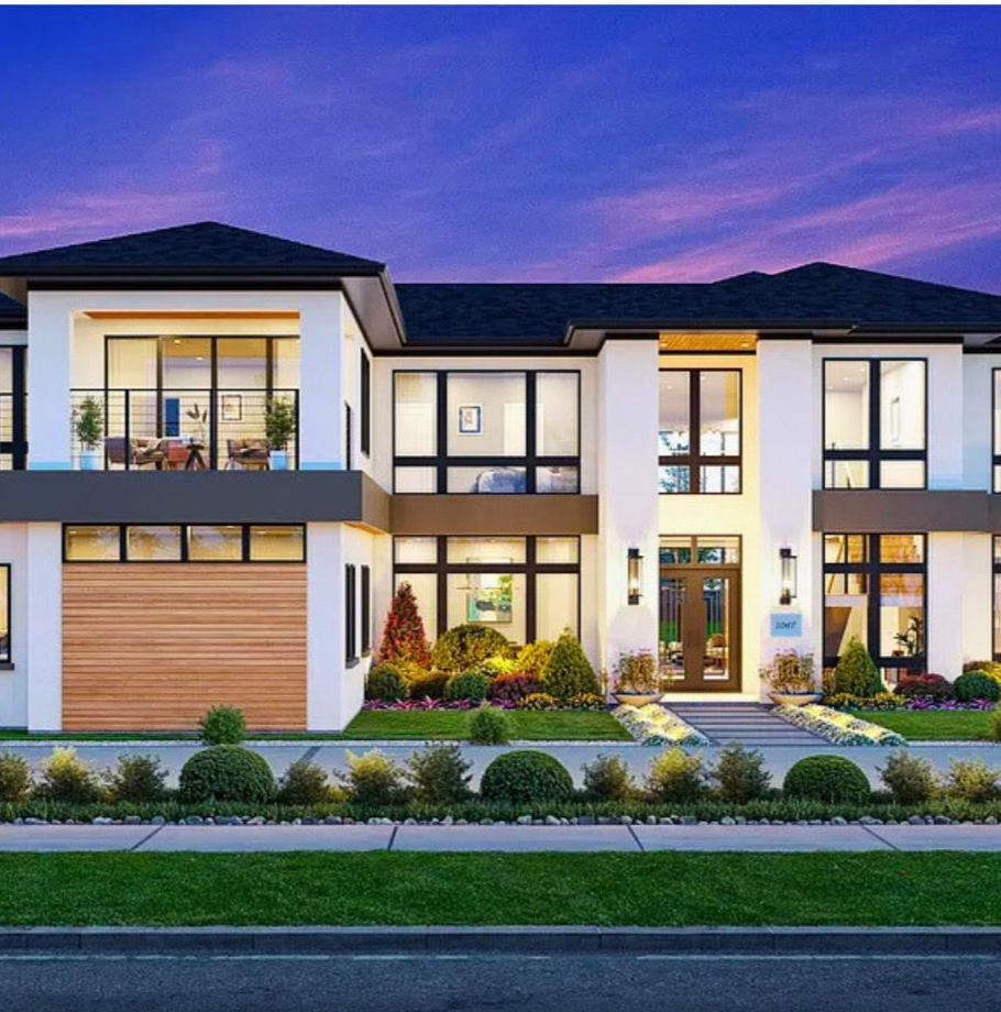 Architectural drawing of a modern house exterior with black and white elements and large windows.