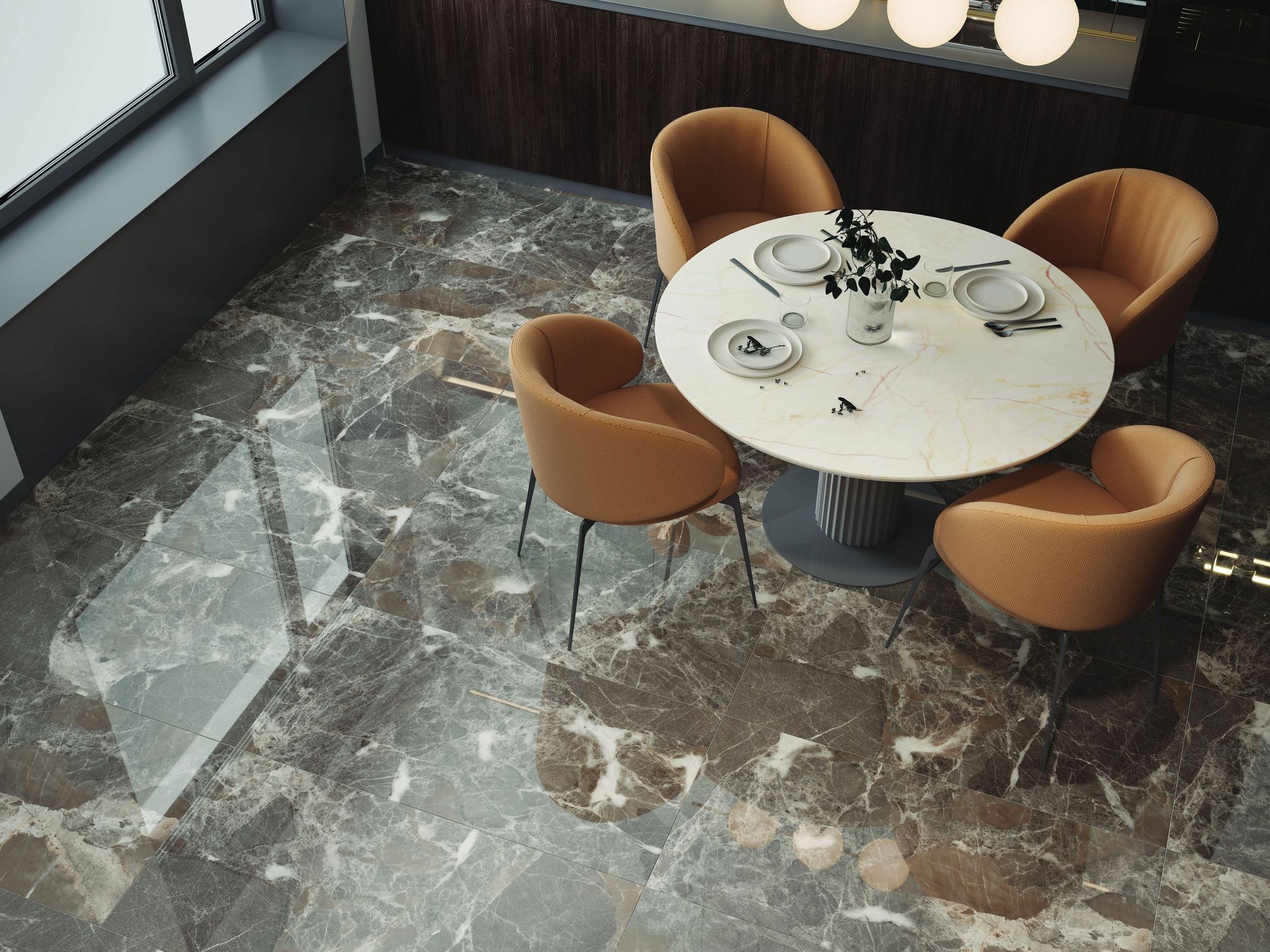 Modern cafe seating with a round table and four tan chairs on a dark marble floor.