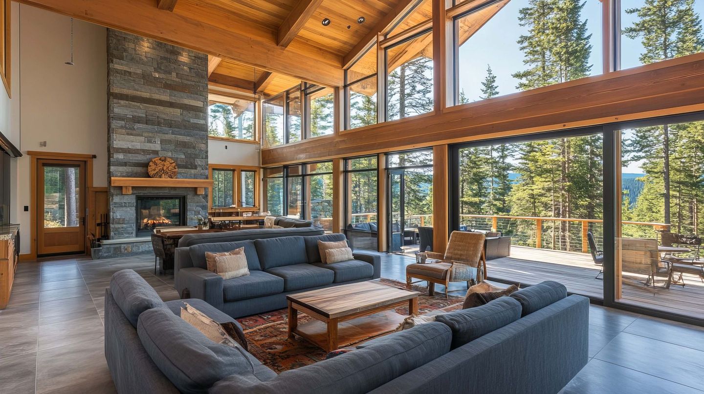 Spacious modern living room with large windows overlooking trees. Gray sofas, stone fireplace, and wood beams.