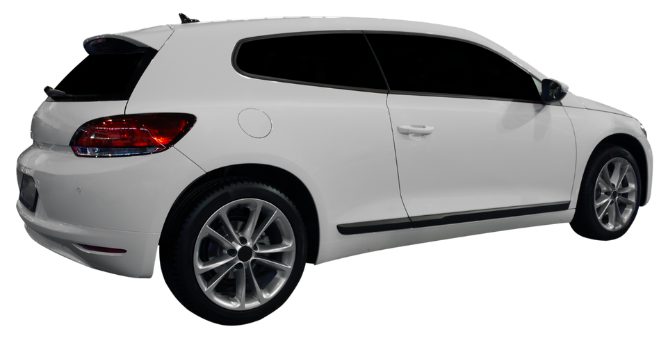 A white car with black wheels and tires on a white background.