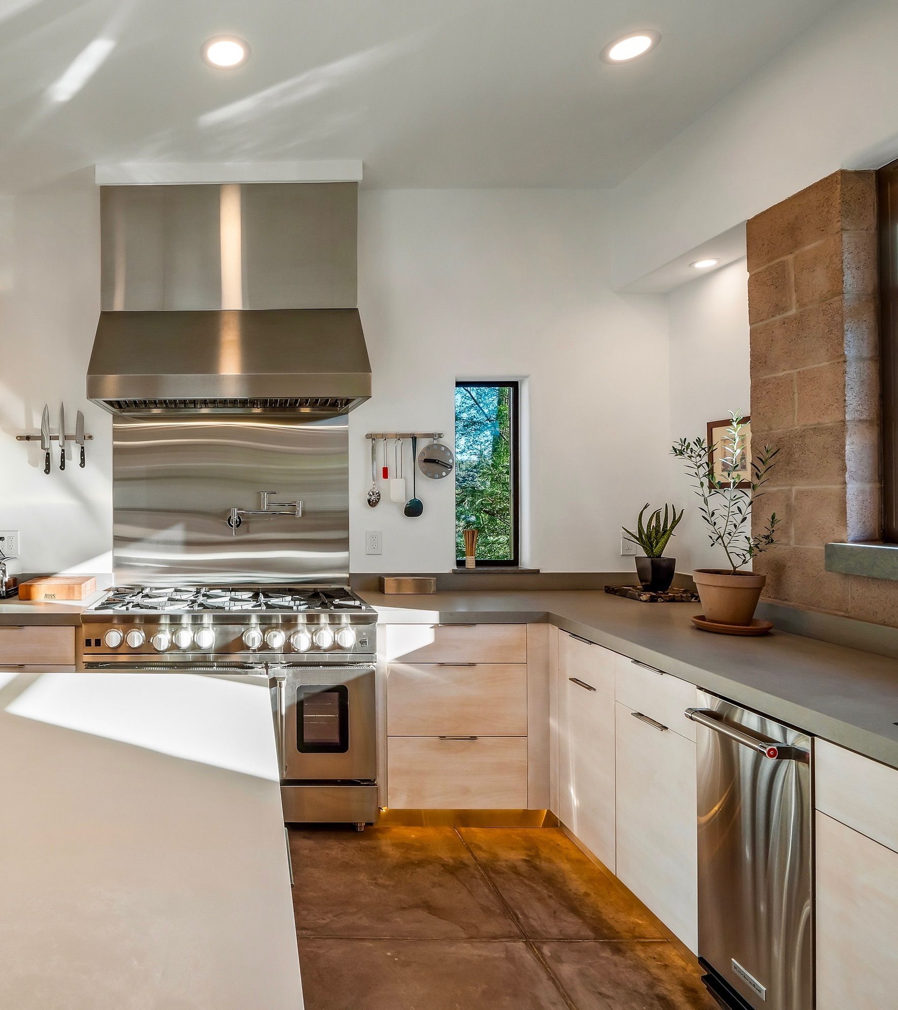 Stainless steel range hood and propane stove with white cabinets.