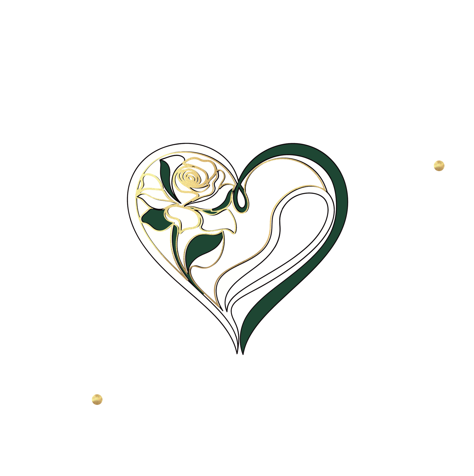 Heart-shaped design with white rose, green leaves, and gold accents on a white background.