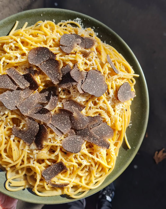Spaghetti with truffle slices and grated cheese on a green plate.