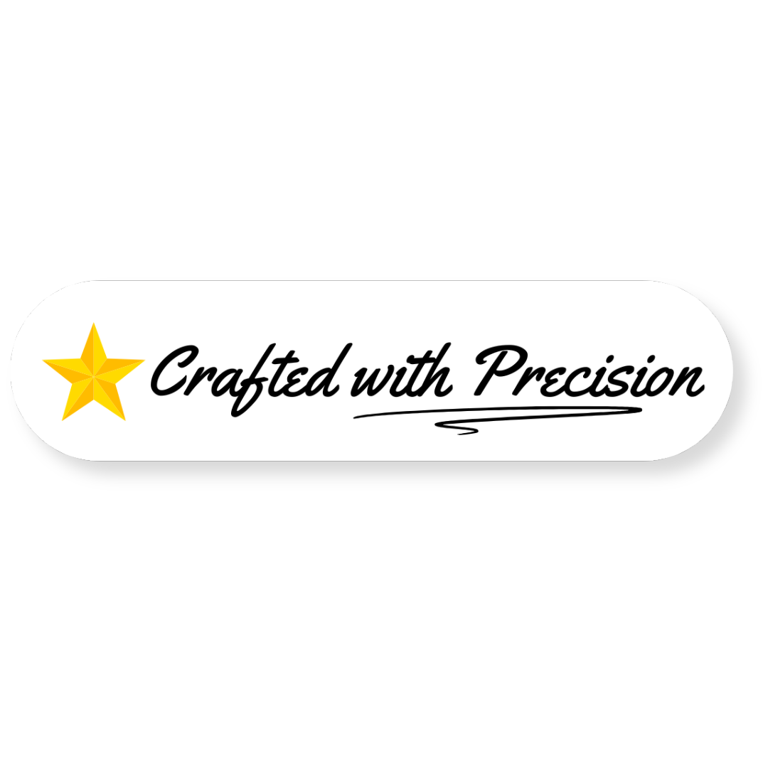 White badge with gold star and text
