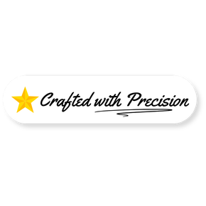 White badge with gold star and text