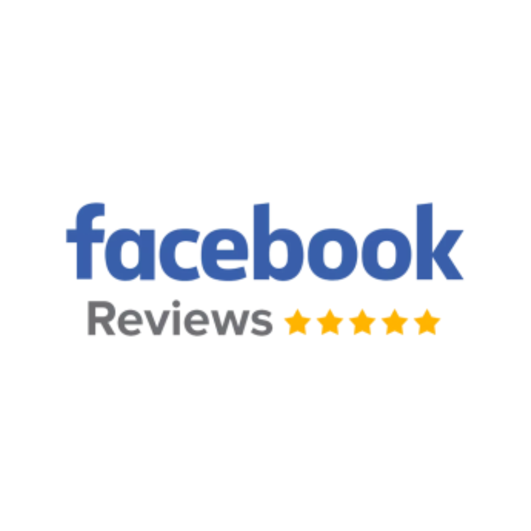 Facebook Reviews logo with blue text and gold stars.