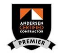 Andersen Certified Contractor Premier badge, black shield, orange and white geometric logo, white text on black.