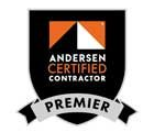 Andersen Certified Contractor Premier badge, black shield, orange and white geometric logo, white text on black.