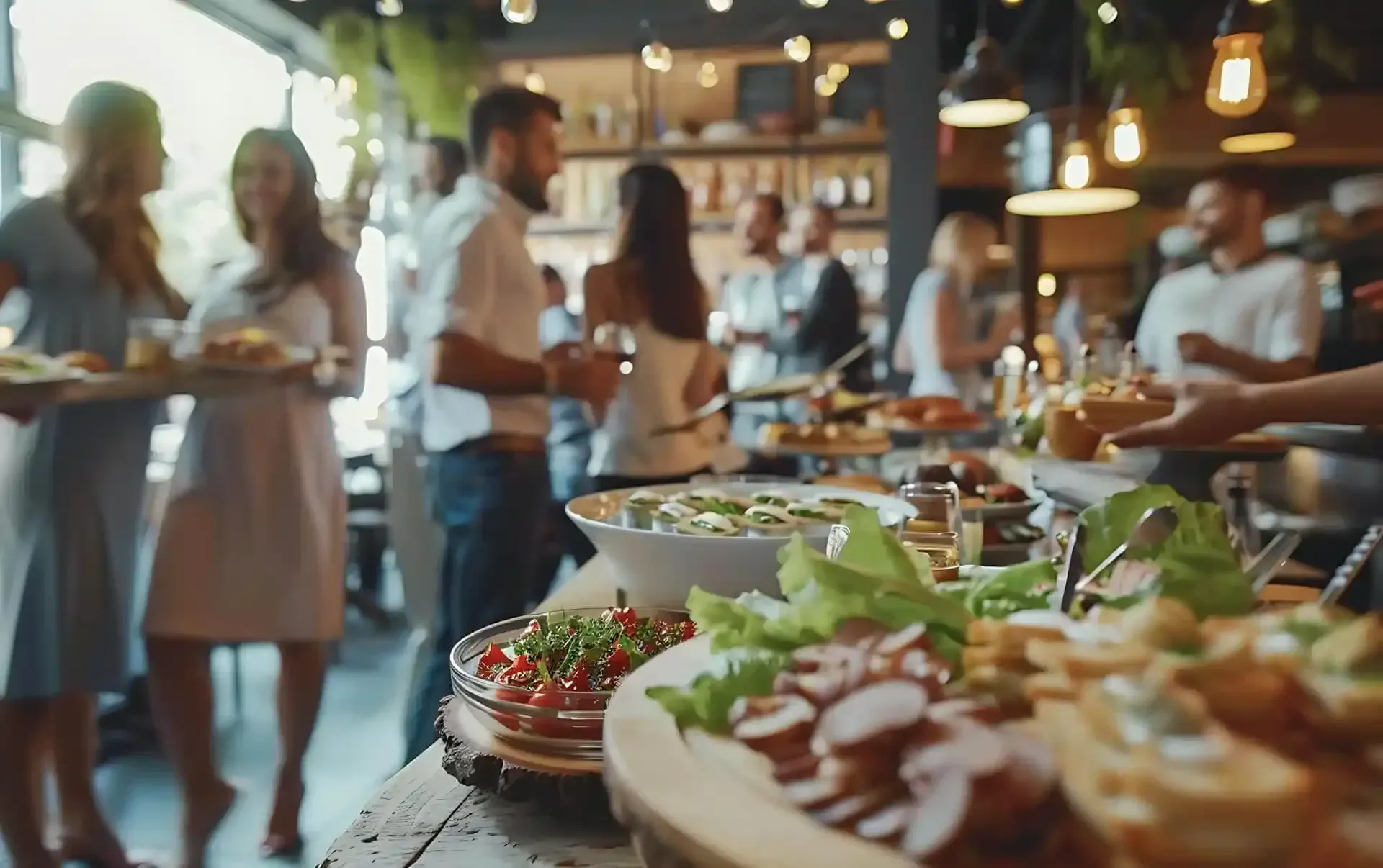 Tavolo da buffet in un vivace ritrovo al chiuso con ospiti e calde luci sospese.