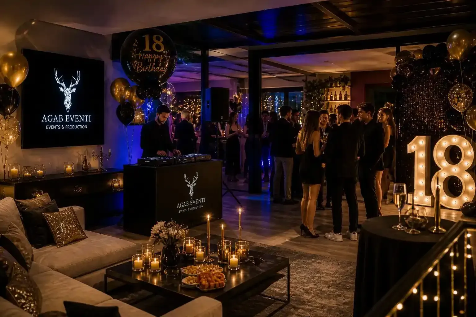 Elegante location per la festa del 18° compleanno con palloncini dorati, invitati, luci soffuse e un'insegna luminosa con il numero 