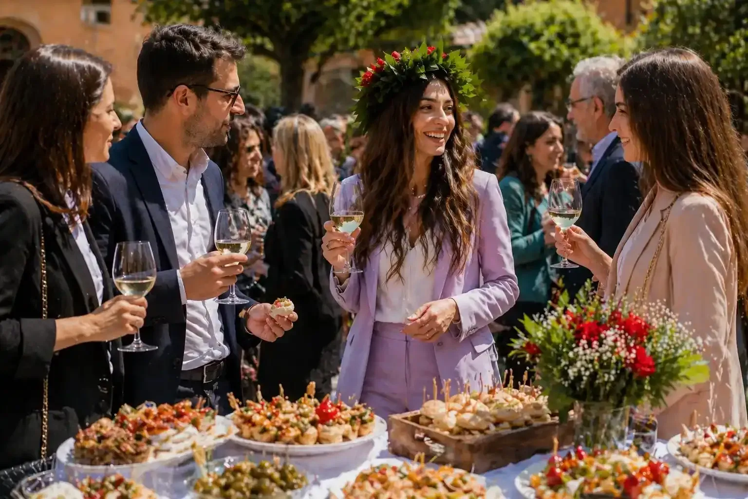 Gli ospiti chiacchierano attorno a un tavolo da buffet all'aperto, gustando bevande e vassoi di antipasti.