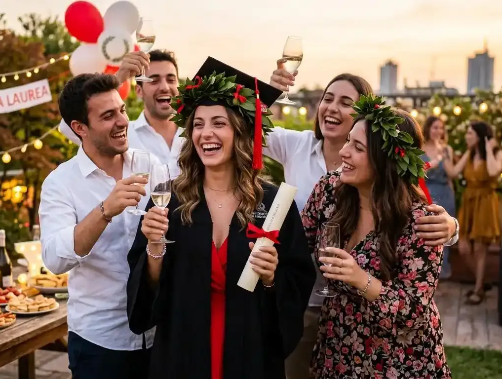 I laureati in toga e cappello festeggiano all'aperto con un drink al tramonto.