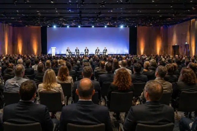 Pubblico seduto in una sala conferenze, che osserva i relatori su un palco illuminato da luci blu e ambra.