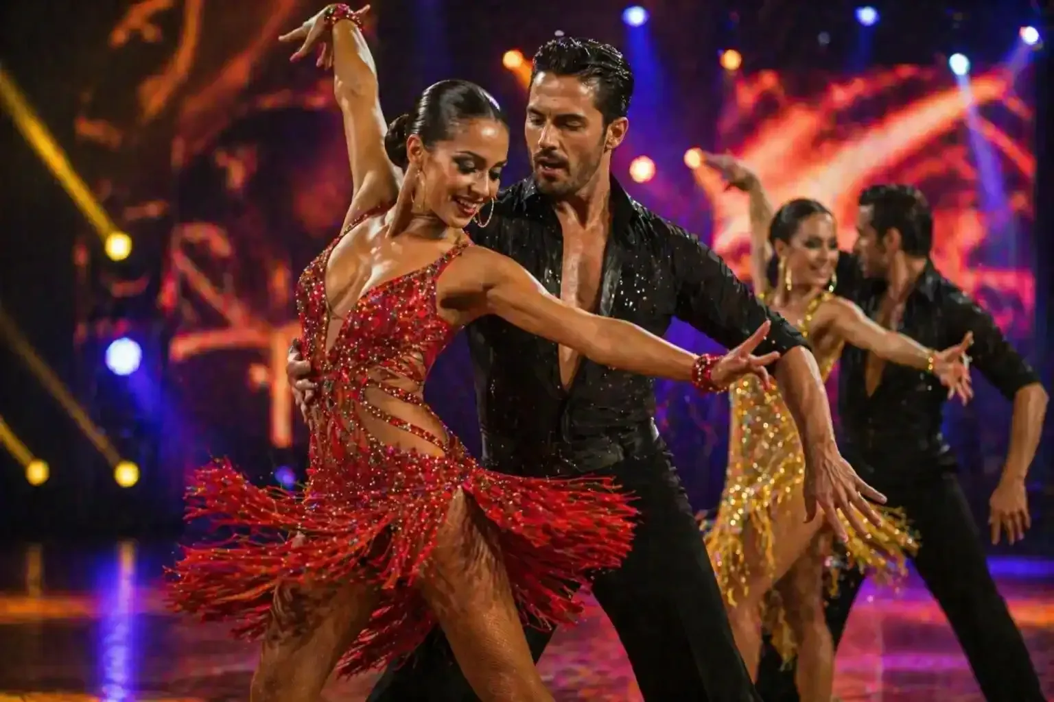 Coppia di ballerini latino-americani in costumi rossi e neri che si esibiscono su un palco illuminato da luci colorate.