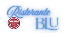 Logo del Ristorante Blu in scritta blu con emblema circolare rosso su sfondo bianco.