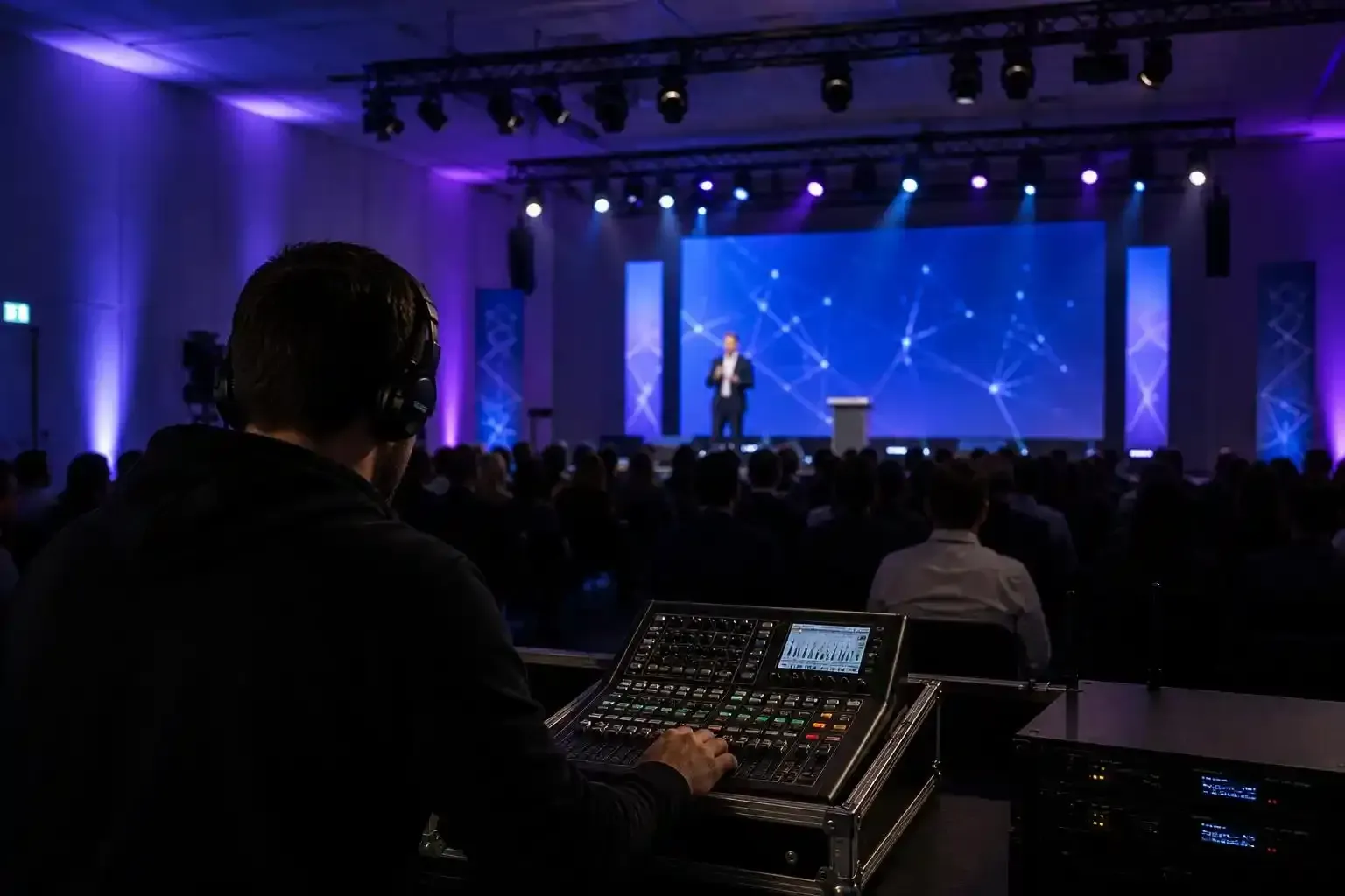 Il pubblico osserva un oratore su un palco illuminato di blu, con una console di missaggio audio in primo piano.